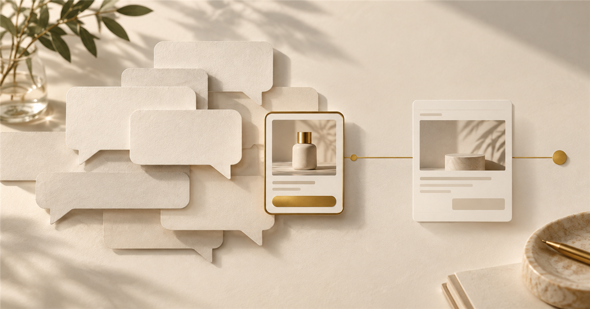 Conceptual illustration of a conversation leading to a sponsored product card, a landing page, and a measurement point